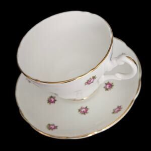 Marlborough Bone China Teacup Saucer Pink Roses 22K Gold England
